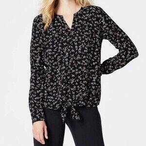 J. Jill Tie-Front‎ Black Multicolor Floral Blouse Size M